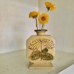 Vintage 70s Salt Glazed Square Flat Flower Painted Stoneware Vase Small | Japan